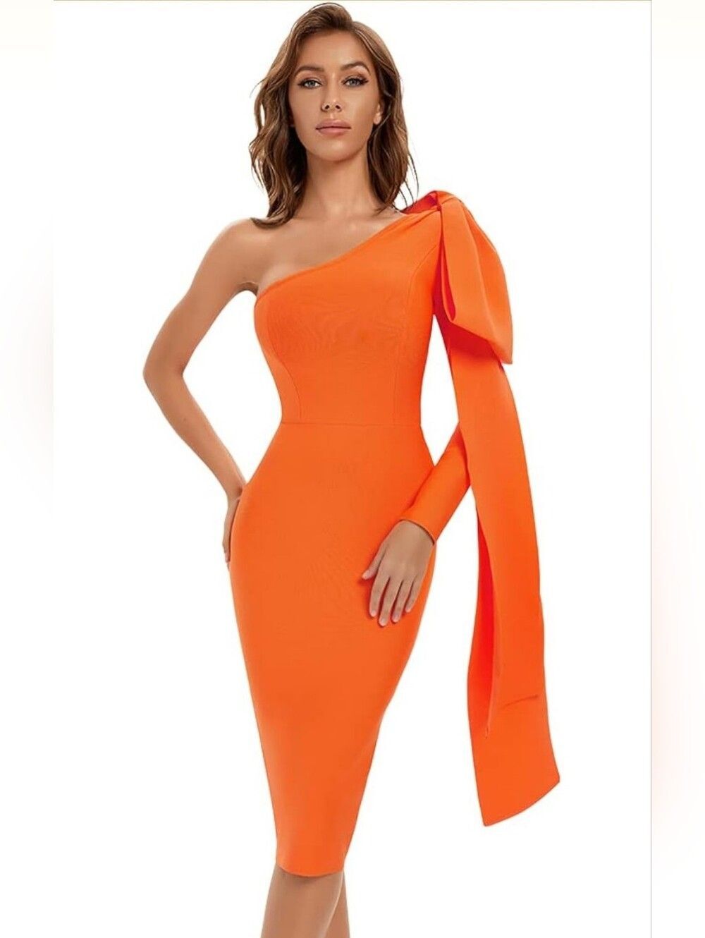 {Souk + Sepia} One-Shoulder Orange Bow-Accent Midi Dress - Size SMALL
